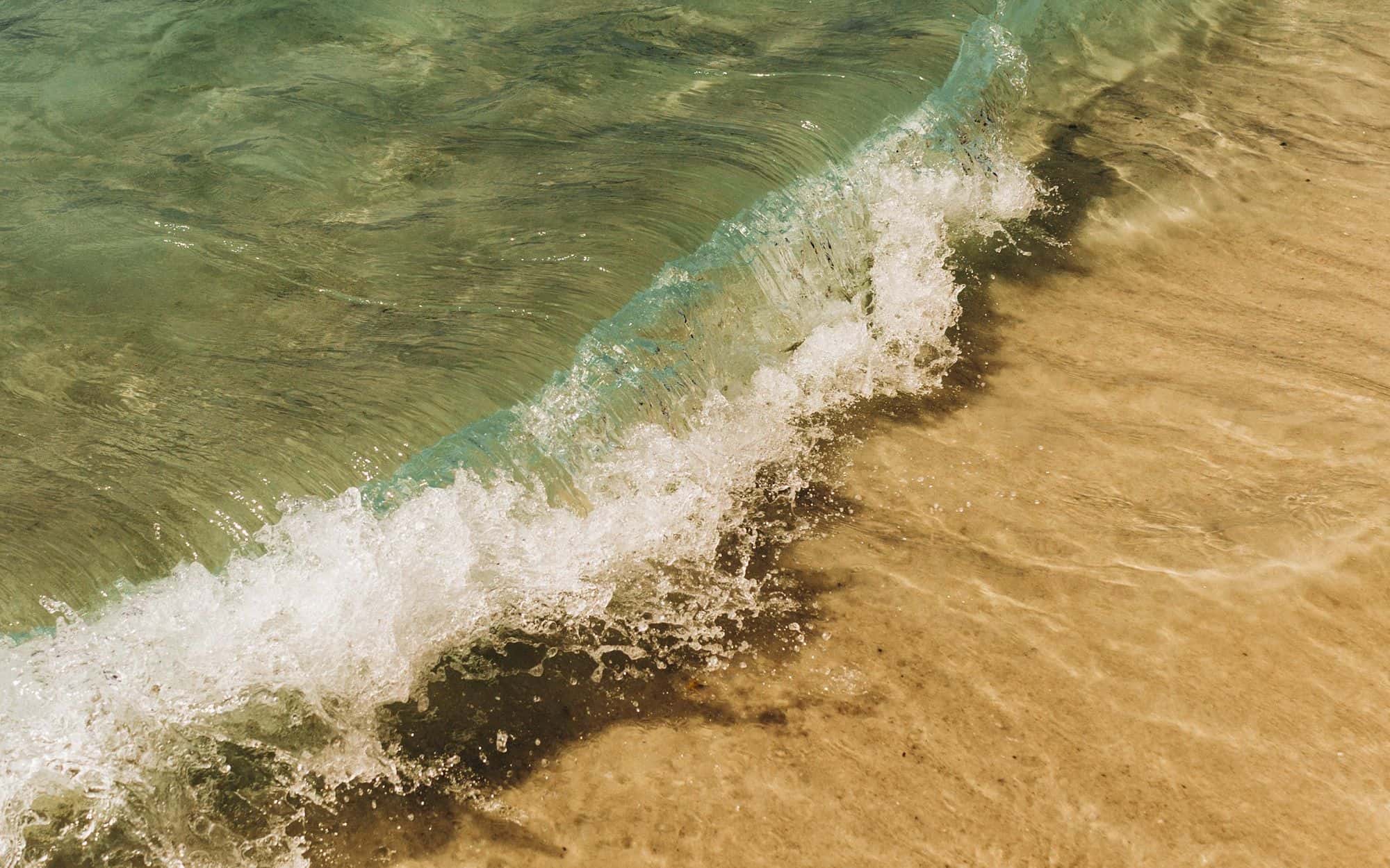 A thin wave sliding up over golden sand