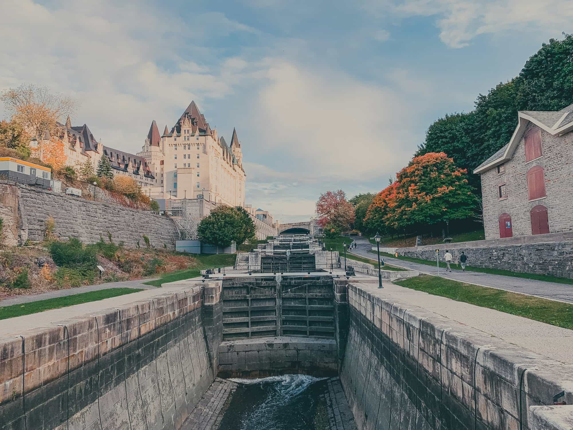 The Rideau Canal locks in Ottawa beside the Château Laurier in autumn