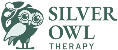 Silver Owl Therapy logo with stylized owl and olive branch