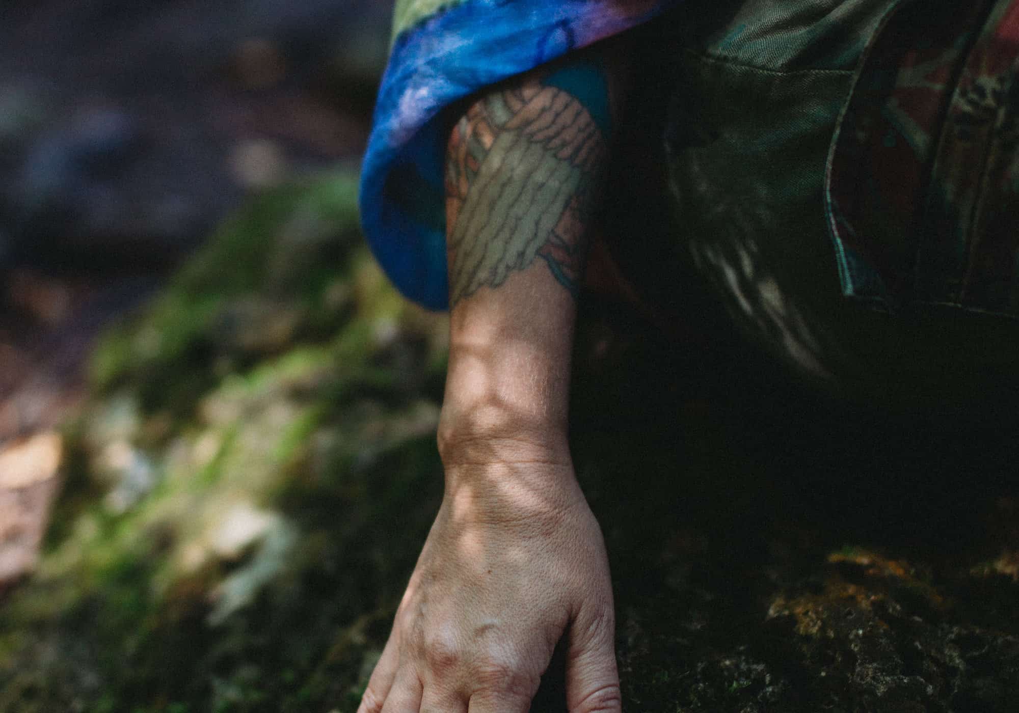 A tattooed forearm in a cobalt sleeve against dark forest greenery